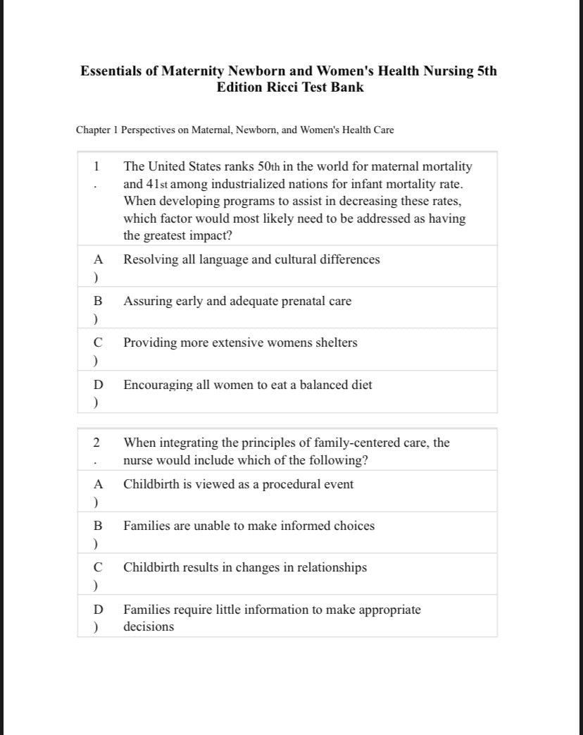 Essentials of Maternity Newborn and Women's Health Nursing 5th Edition Ricci Test Bank